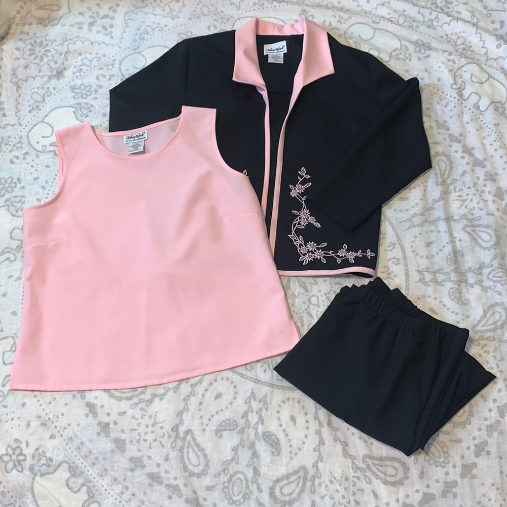 Vintage Anthony Richards Black Pink Embroidered Jacket Tank Pant Set Sz 12P 3pc
